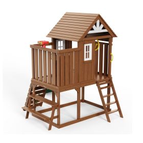 Outdoor Wooden Playhouse, Modern Cedar Playhouse for Age 2-8 Years Kids, Garden Games Cottage, Country Style Cedar Playhouse with Slide, Ladder