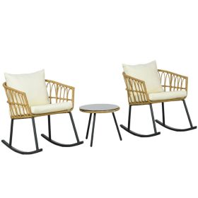 Wicker Outdoor Rocking Chair Set, 3 Piece Patio Bistro Set with 2 Porch Rocker Chairs, Glass Top Coffee Table and Cushions, Patio Conversation S (Option: Cream White-800x730x450 mm)